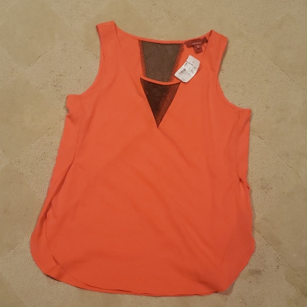 Orange Mesh V Neck Top with Side Slits
